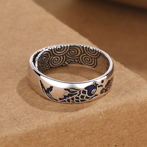Tuwiqsdi Fish Ring Fashion Vintage Cloisonné Enamel Koi Fish Lucky Cloud Ring Chinese Style Adjustable Open Ring for Men and Women National Trend Jewelry in Saudi Arabia