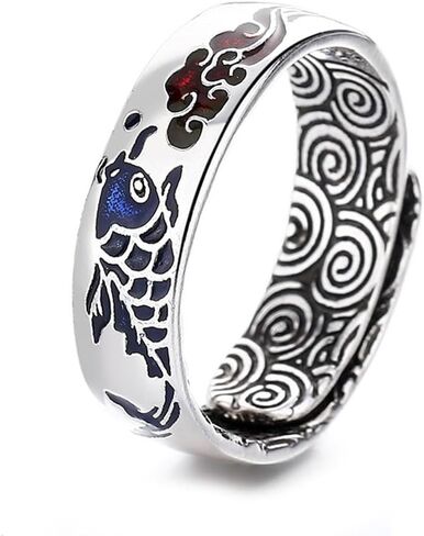 Tuwiqsdi Fish Ring Fashion Vintage Cloisonné Enamel Koi Fish Lucky Cloud Ring Chinese Style Adjustable Open Ring for Men and Women National Trend Jewelry in Saudi Arabia