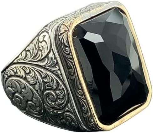 Men Handmade Ring, Black Stone Ring, Onyx Stone Ring, Ottoman Style Embroidered Ring, 925k Sterling Silver Ring, Gift For Him in Saudi Arabia