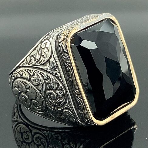Men Handmade Ring, Black Stone Ring, Onyx Stone Ring, Ottoman Style Embroidered Ring, 925k Sterling Silver Ring, Gift For Him in Saudi Arabia