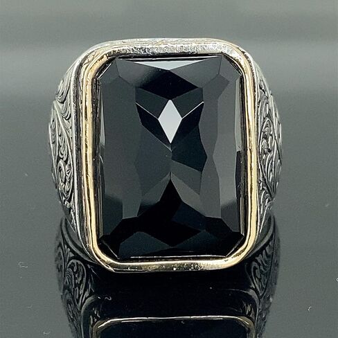 Men Handmade Ring, Black Stone Ring, Onyx Stone Ring, Ottoman Style Embroidered Ring, 925k Sterling Silver Ring, Gift For Him in Saudi Arabia