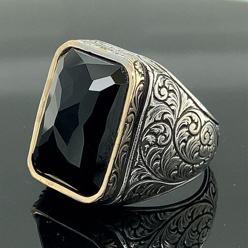 Men Handmade Ring, Black Stone Ring, Onyx Stone Ring, Ottoman Style Embroidered Ring, 925k Sterling Silver Ring, Gift For Him in Saudi Arabia