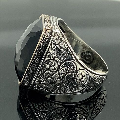 Men Handmade Ring, Black Stone Ring, Onyx Stone Ring, Ottoman Style Embroidered Ring, 925k Sterling Silver Ring, Gift For Him in Saudi Arabia