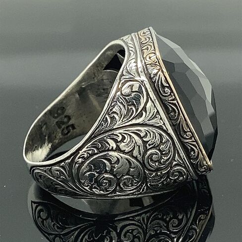 Men Handmade Ring, Black Stone Ring, Onyx Stone Ring, Ottoman Style Embroidered Ring, 925k Sterling Silver Ring, Gift For Him in Saudi Arabia