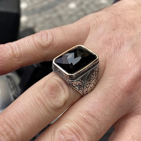 Men Handmade Ring, Black Stone Ring, Onyx Stone Ring, Ottoman Style Embroidered Ring, 925k Sterling Silver Ring, Gift For Him in Saudi Arabia