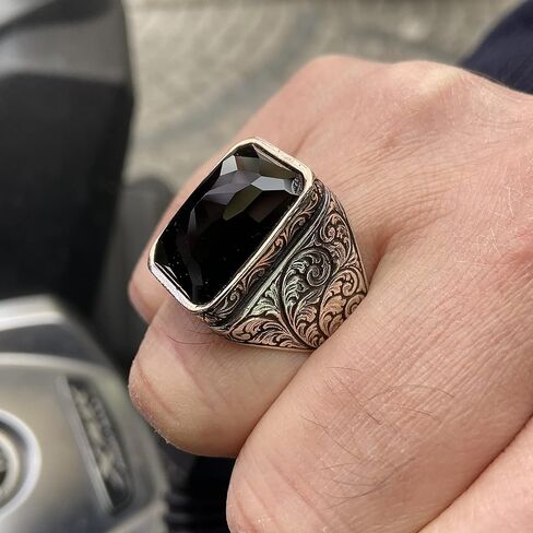 Men Handmade Ring, Black Stone Ring, Onyx Stone Ring, Ottoman Style Embroidered Ring, 925k Sterling Silver Ring, Gift For Him in Saudi Arabia