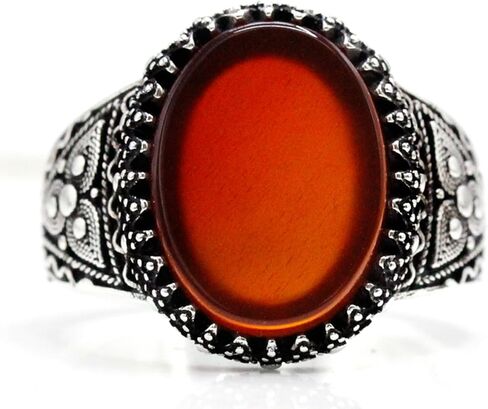 Real 925 sterling silver inlaid red natural agate gem ring, authentic retro Türkiye Ottoman style men's ring in Saudi Arabia