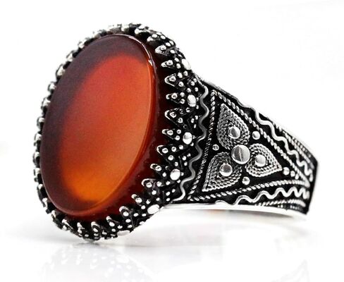 Real 925 sterling silver inlaid red natural agate gem ring, authentic retro Türkiye Ottoman style men's ring in Saudi Arabia