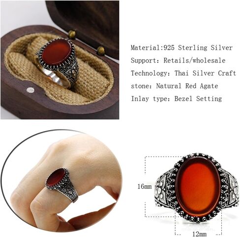 Real 925 sterling silver inlaid red natural agate gem ring, authentic retro Türkiye Ottoman style men's ring in Saudi Arabia