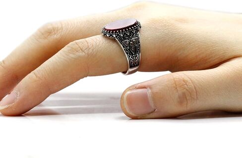 Real 925 sterling silver inlaid red natural agate gem ring, authentic retro Türkiye Ottoman style men's ring in Saudi Arabia