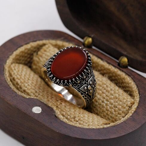 Real 925 sterling silver inlaid red natural agate gem ring, authentic retro Türkiye Ottoman style men's ring in Saudi Arabia