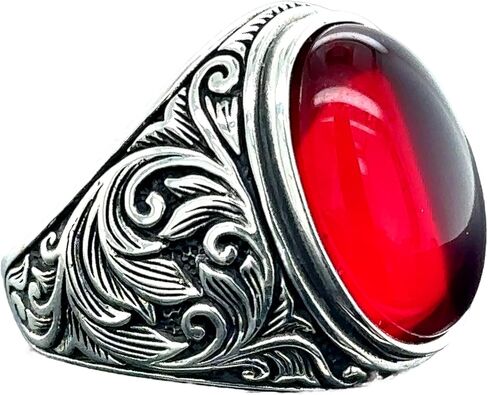 Silver Ruby Stone Ring, Engraved Men's Ring, Men Handmade Ruby Stone Silver Ring, Ottoman Style Handmade Ring, 925k Sterling Silver Ring in Kuwait