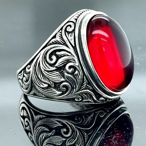 Silver Ruby Stone Ring, Engraved Men's Ring, Men Handmade Ruby Stone Silver Ring, Ottoman Style Handmade Ring, 925k Sterling Silver Ring in Kuwait