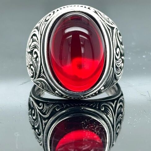 Silver Ruby Stone Ring, Engraved Men's Ring, Men Handmade Ruby Stone Silver Ring, Ottoman Style Handmade Ring, 925k Sterling Silver Ring in Kuwait