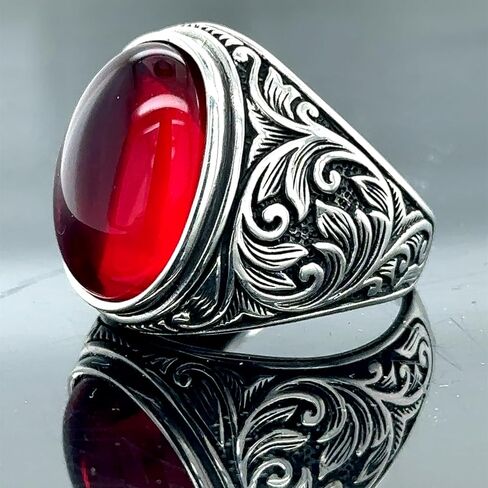 Silver Ruby Stone Ring, Engraved Men's Ring, Men Handmade Ruby Stone Silver Ring, Ottoman Style Handmade Ring, 925k Sterling Silver Ring in Kuwait