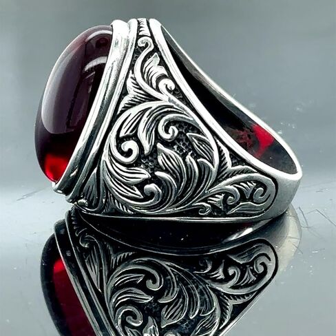 Silver Ruby Stone Ring, Engraved Men's Ring, Men Handmade Ruby Stone Silver Ring, Ottoman Style Handmade Ring, 925k Sterling Silver Ring in Kuwait