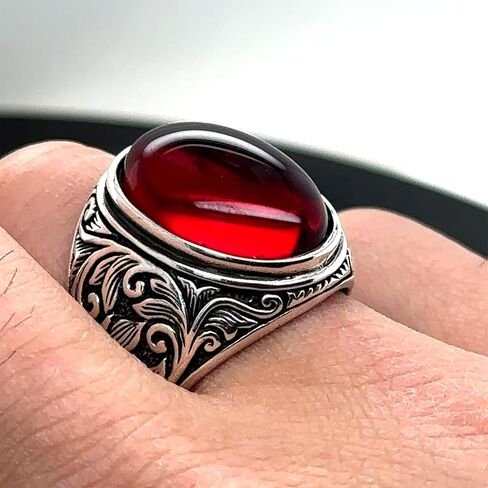 Silver Ruby Stone Ring, Engraved Men's Ring, Men Handmade Ruby Stone Silver Ring, Ottoman Style Handmade Ring, 925k Sterling Silver Ring in Kuwait