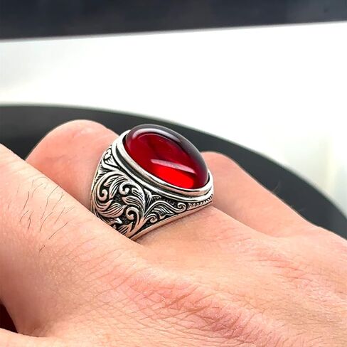 Silver Ruby Stone Ring, Engraved Men's Ring, Men Handmade Ruby Stone Silver Ring, Ottoman Style Handmade Ring, 925k Sterling Silver Ring in Kuwait