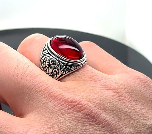 Silver Ruby Stone Ring, Engraved Men's Ring, Men Handmade Ruby Stone Silver Ring, Ottoman Style Handmade Ring, 925k Sterling Silver Ring in Kuwait