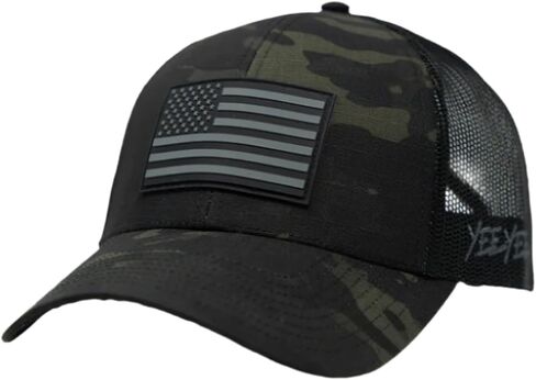 قبعة Yee Yee Apparel Freedom Camo - قبعة سوداء مموهة لسائقي الشاحنات مع سناب باك قابل للتعديل وشبكة خلفية، قبعة كبس للرجال مع رقعة ملابس، حافة منحنية مسبقًا in Kuwait