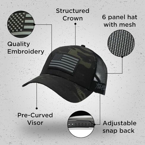 قبعة Yee Yee Apparel Freedom Camo - قبعة سوداء مموهة لسائقي الشاحنات مع سناب باك قابل للتعديل وشبكة خلفية، قبعة كبس للرجال مع رقعة ملابس، حافة منحنية مسبقًا in Kuwait