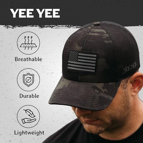 قبعة Yee Yee Apparel Freedom Camo - قبعة سوداء مموهة لسائقي الشاحنات مع سناب باك قابل للتعديل وشبكة خلفية، قبعة كبس للرجال مع رقعة ملابس، حافة منحنية مسبقًا in Kuwait