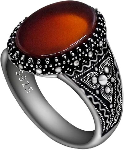 Real 925 sterling silver inlaid red natural agate gem ring, authentic retro Türkiye Ottoman style men's ring in Kuwait