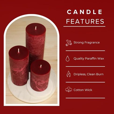 Simply Soson 3x4, 3x6, 3x8 inch Burgundy Pillar Candles Set of 3, Rustic Pilar Candle, Cinnamon Clove Scented Burgundy Candles, Dark Red Pillar Candles, Home Scented Candle Gift Candles for Home in Kuwait