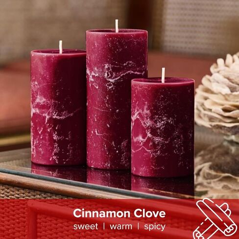 Simply Soson 3x4, 3x6, 3x8 inch Burgundy Pillar Candles Set of 3, Rustic Pilar Candle, Cinnamon Clove Scented Burgundy Candles, Dark Red Pillar Candles, Home Scented Candle Gift Candles for Home in Kuwait