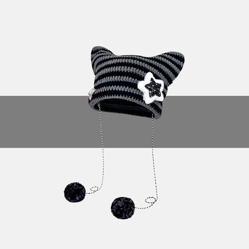 Winter Knit Cat Ear Hat with Star-Decorated Ear Guards & Plush Ball Tie for Cold Weather, & Themed Parties in Saudi Arabia