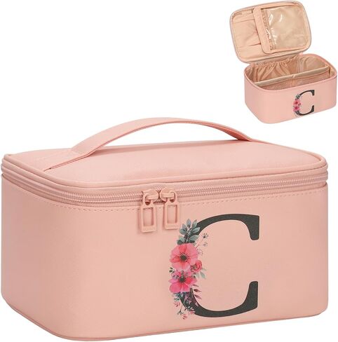 OCHEAL Initial Makeup Bag,Monogram Make up Bag Black Travel Makeup Organizer Case Beauty Toiletry Cosmetic Bag with Brush Holder, Trendy Stuff Personalized Gifts for Women and Girls-A in Kuwait