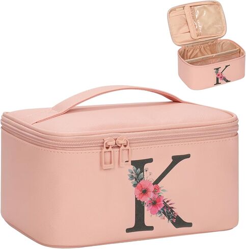 OCHEAL Initial Makeup Bag,Monogram Make up Bag Black Travel Makeup Organizer Case Beauty Toiletry Cosmetic Bag with Brush Holder, Trendy Stuff Personalized Gifts for Women and Girls-A in Saudi Arabia