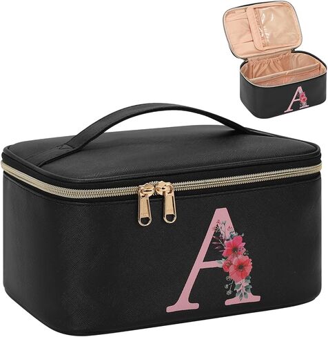 OCHEAL Initial Makeup Bag,Monogram Make up Bag Black Travel Makeup Organizer Case Beauty Toiletry Cosmetic Bag with Brush Holder, Trendy Stuff Personalized Gifts for Women and Girls-A in Saudi Arabia
