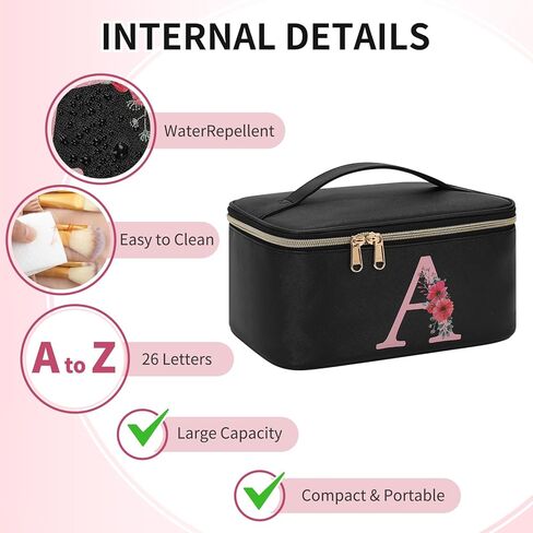 OCHEAL Initial Makeup Bag,Monogram Make up Bag Black Travel Makeup Organizer Case Beauty Toiletry Cosmetic Bag with Brush Holder, Trendy Stuff Personalized Gifts for Women and Girls-A in Saudi Arabia