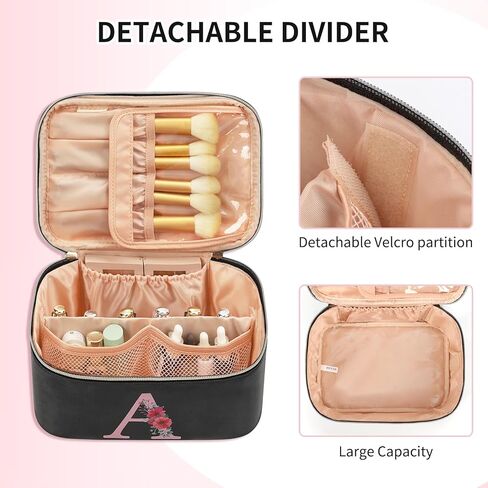 OCHEAL Initial Makeup Bag,Monogram Make up Bag Black Travel Makeup Organizer Case Beauty Toiletry Cosmetic Bag with Brush Holder, Trendy Stuff Personalized Gifts for Women and Girls-A in Saudi Arabia