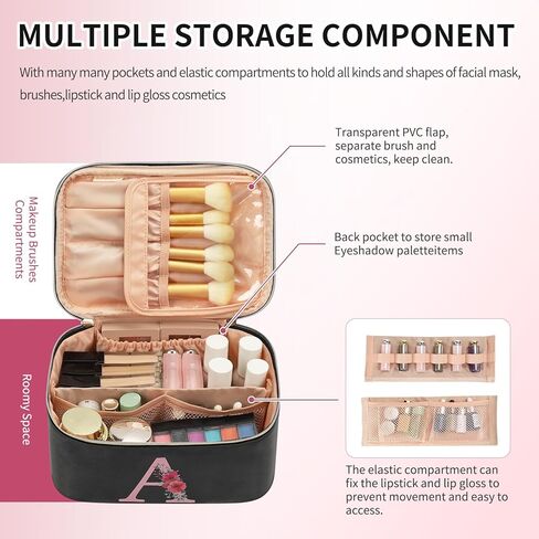 OCHEAL Initial Makeup Bag,Monogram Make up Bag Black Travel Makeup Organizer Case Beauty Toiletry Cosmetic Bag with Brush Holder, Trendy Stuff Personalized Gifts for Women and Girls-A in Saudi Arabia