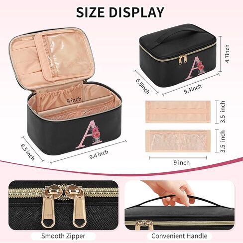 OCHEAL Initial Makeup Bag,Monogram Make up Bag Black Travel Makeup Organizer Case Beauty Toiletry Cosmetic Bag with Brush Holder, Trendy Stuff Personalized Gifts for Women and Girls-A in Saudi Arabia