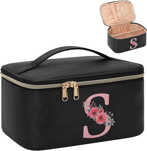 OCHEAL Initial Makeup Bag,Monogram Make up Bag Black Travel Makeup Organizer Case Beauty Toiletry Cosmetic Bag with Brush Holder, Trendy Stuff Personalized Gifts for Women and Girls-A in Saudi Arabia