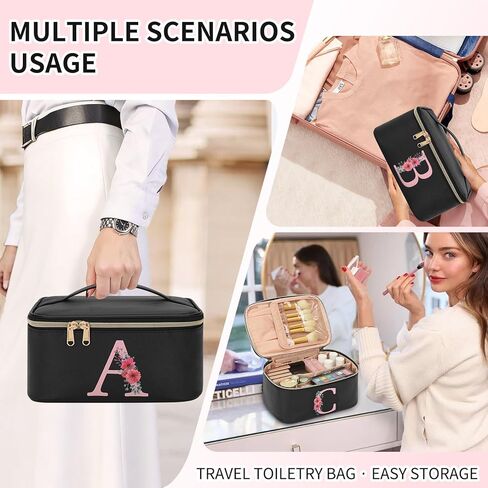OCHEAL Initial Makeup Bag,Monogram Make up Bag Black Travel Makeup Organizer Case Beauty Toiletry Cosmetic Bag with Brush Holder, Trendy Stuff Personalized Gifts for Women and Girls-A in Saudi Arabia