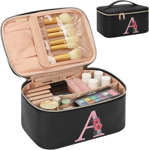 OCHEAL Initial Makeup Bag,Monogram Make up Bag Black Travel Makeup Organizer Case Beauty Toiletry Cosmetic Bag with Brush Holder, Trendy Stuff Personalized Gifts for Women and Girls-A in Saudi Arabia
