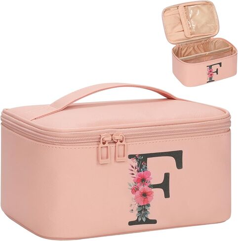 OCHEAL Initial Makeup Bag,Monogram Make up Bag Black Travel Makeup Organizer Case Beauty Toiletry Cosmetic Bag with Brush Holder, Trendy Stuff Personalized Gifts for Women and Girls-A in Saudi Arabia