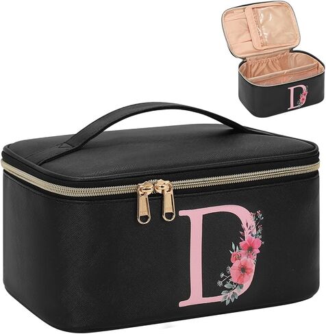 OCHEAL Initial Makeup Bag,Monogram Make up Bag Black Travel Makeup Organizer Case Beauty Toiletry Cosmetic Bag with Brush Holder, Trendy Stuff Personalized Gifts for Women and Girls-A in Saudi Arabia