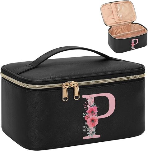 OCHEAL Initial Makeup Bag,Monogram Make up Bag Black Travel Makeup Organizer Case Beauty Toiletry Cosmetic Bag with Brush Holder, Trendy Stuff Personalized Gifts for Women and Girls-A in Saudi Arabia