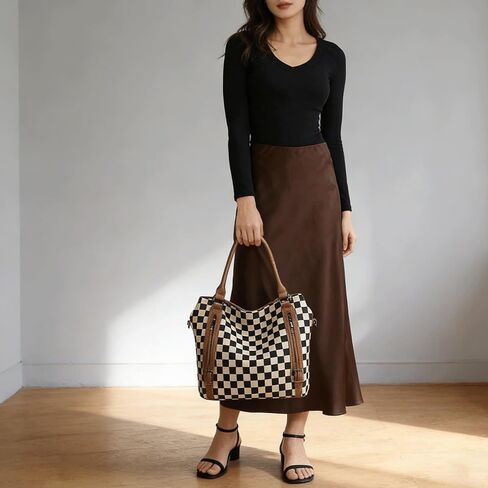 Checkered Purse 2Pcs Slouchy Hobo Crossbody Shoulder Bag with Wallet Set Zipper Retro Tote Handbag for Women in Saudi Arabia