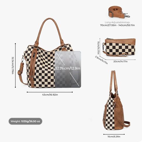 Checkered Purse 2Pcs Slouchy Hobo Crossbody Shoulder Bag with Wallet Set Zipper Retro Tote Handbag for Women in Saudi Arabia
