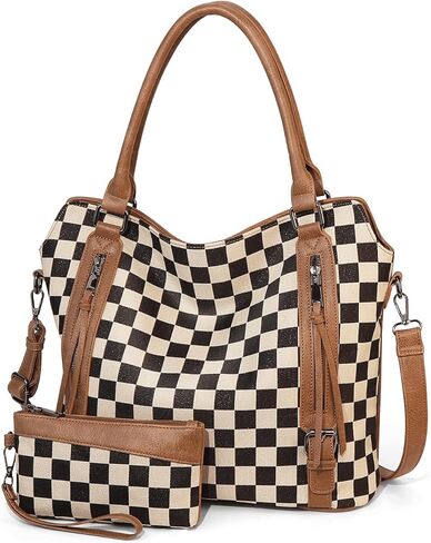 Checkered Purse 2Pcs Slouchy Hobo Crossbody Shoulder Bag with Wallet Set Zipper Retro Tote Handbag for Women in Saudi Arabia