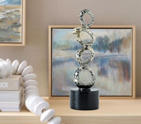 تمثال راتينج تجريدي حديث - حلقات بيضاوية ذهبية غير منتظمة مع قاعدة أسطوانية سوداء لديكور المنزل والمكتب الأنيق in Kuwait