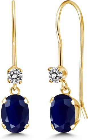 Gem Stone King 14K Yellow Gold Blue Sapphire and White Diamond French Wire Dangle Earrings For Women (1.23 Cttw, Gemstone September Birthstone, Oval 6X4MM and Round 2.5MM) in Saudi Arabia