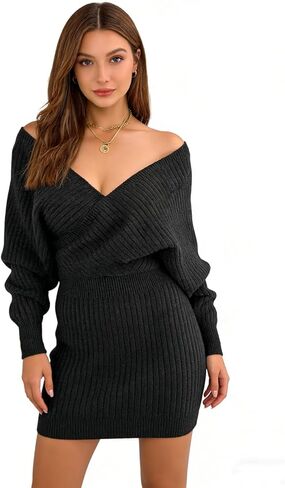 Plustrong Womens Wrap V Neck Bodycon Mini Sweater Dress Batwing Long Sleeve Pullover Sweaters in Kuwait