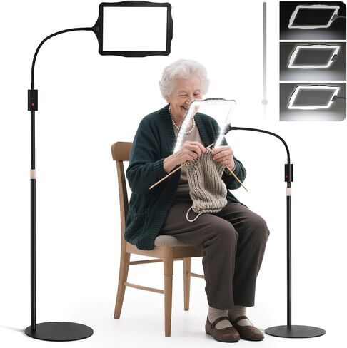 عدسة مكبرة كبيرة للأرضية مع ضوء وحامل، مصباح مكبر للأرضية بارتفاع 48 مصباح LED مضاء وقابل للتعديل مع رقبة معقوفة مرنة بزاوية 360 درجة، ومكبر بدون استخدام اليدين لقراءة العمل عن قرب وخياطة متقاطعة in Kuwait